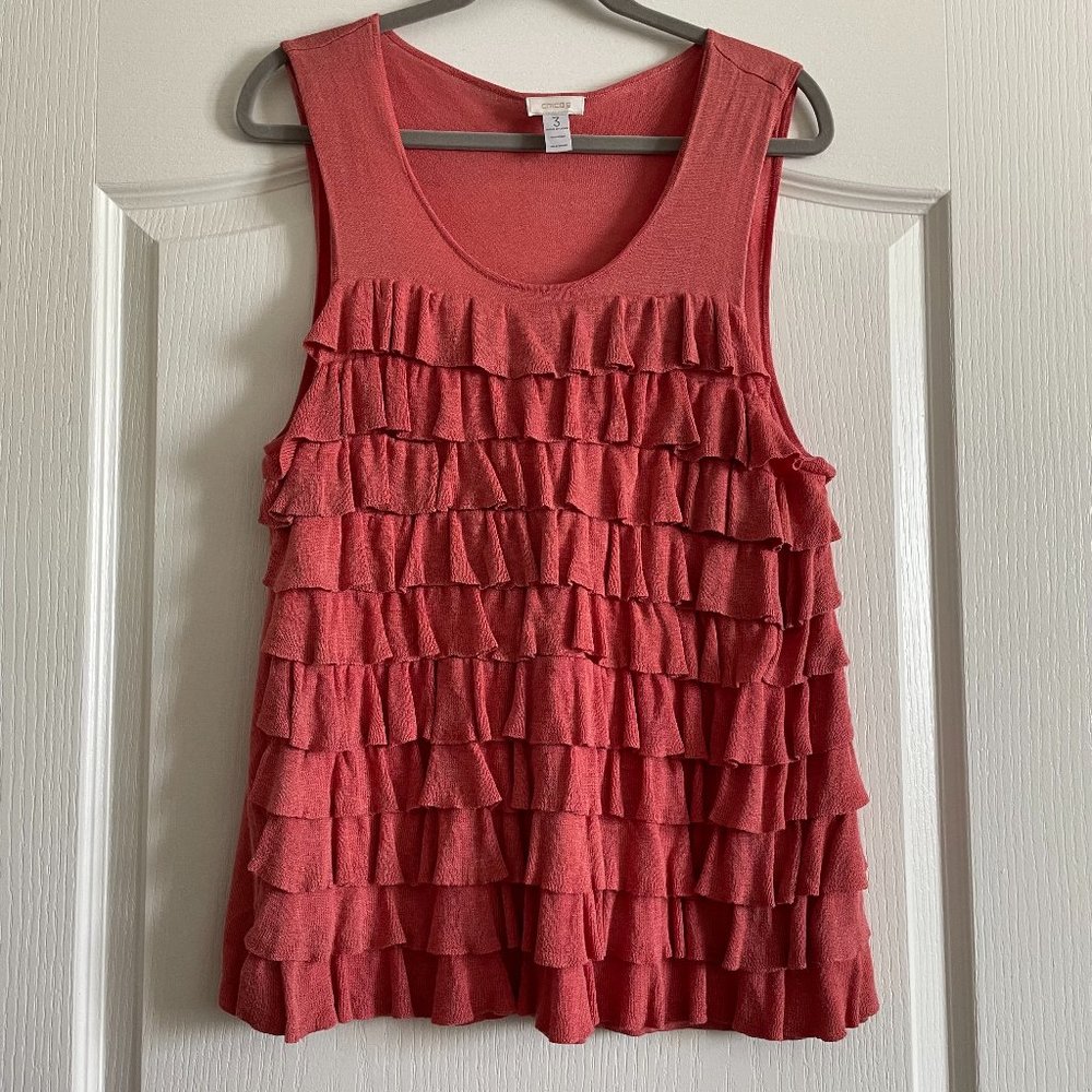 Chico’s Womens Sleeveless Ruffle Coral Red 100% Silk Top Shirt Size 3